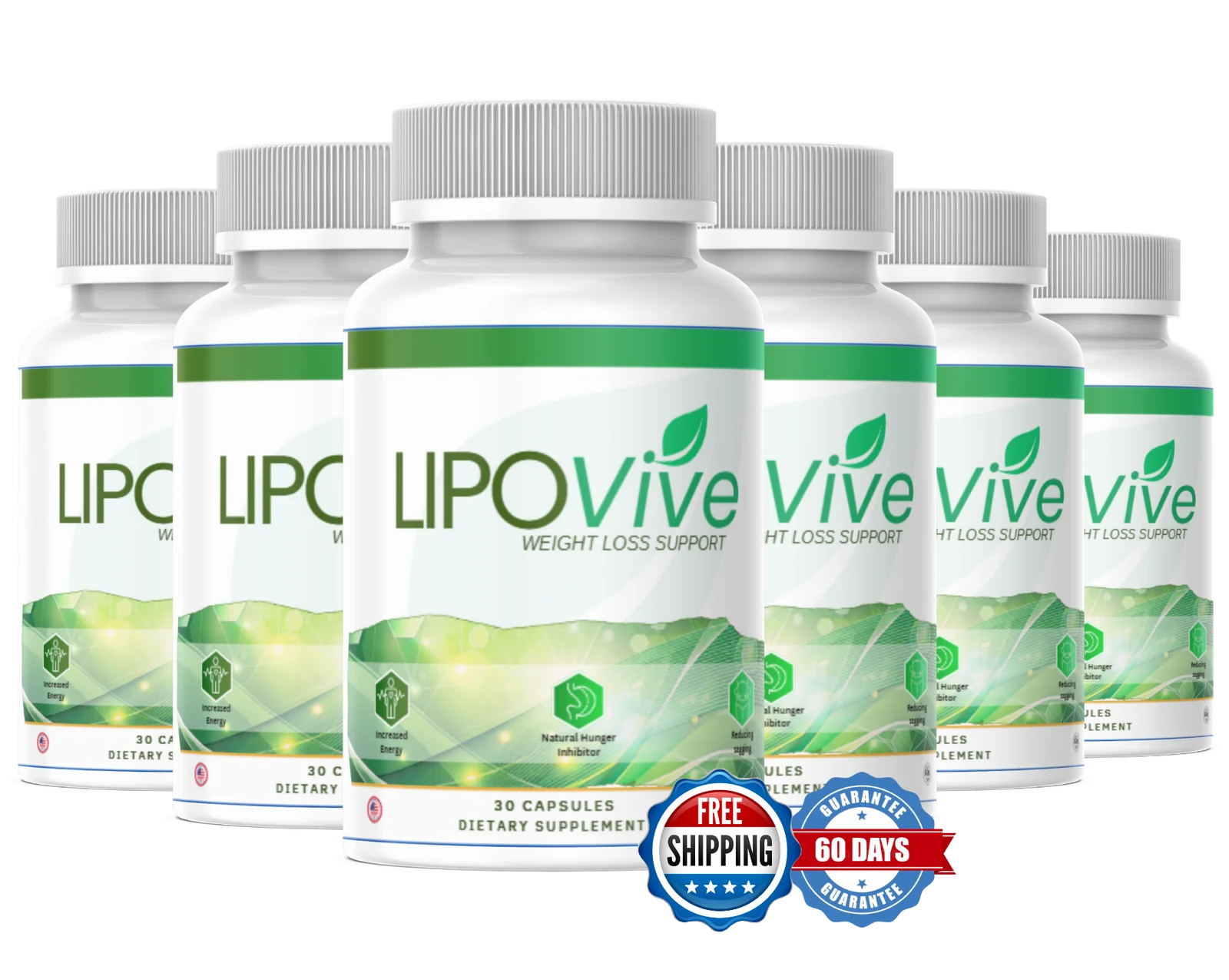 LipoVive six bottle supply with free shipping and 60 day guarantee badges